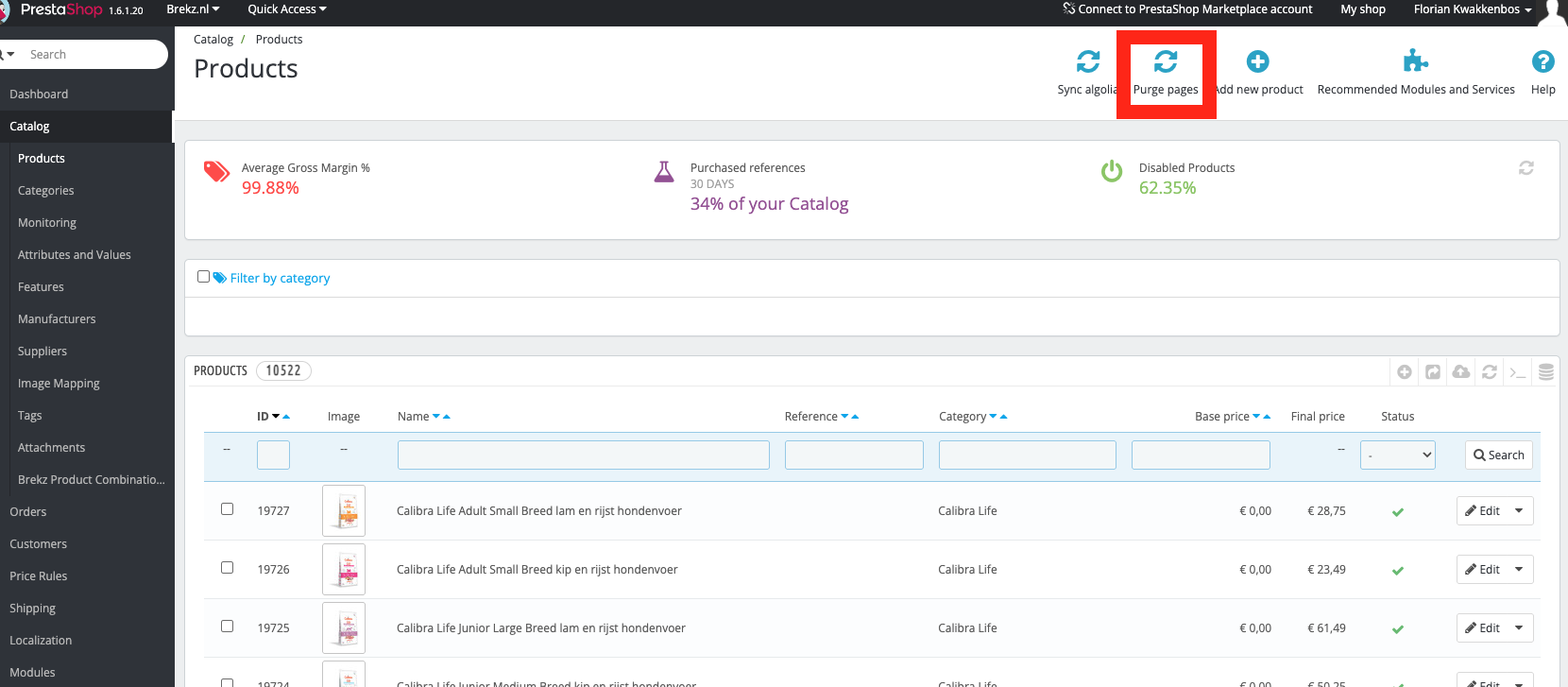 Purge pages button on the Catalog Products page